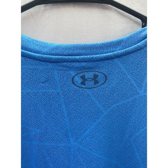 Under Armour Women's Large Blue with Gray Short Sleeve Logo Heat Gear Shirt - Picture 4 of 5